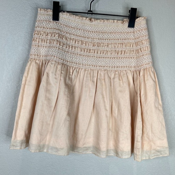 Leoffler Randall Gilles Mini Skirt Size Medium‎ Sand Ecru Smocked Cotton Ramie - Picture 1 of 11